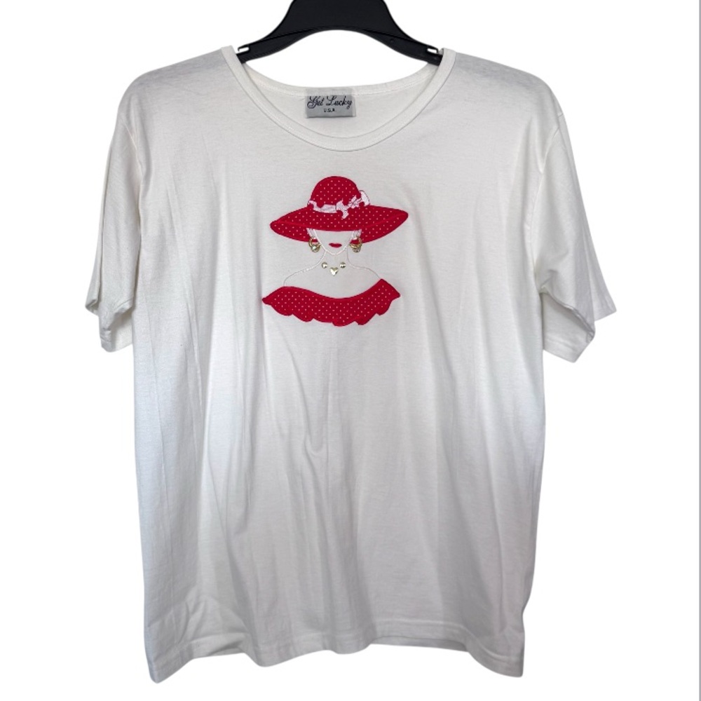 Get Lucky Red Hat Lady T-shirt White See Description
